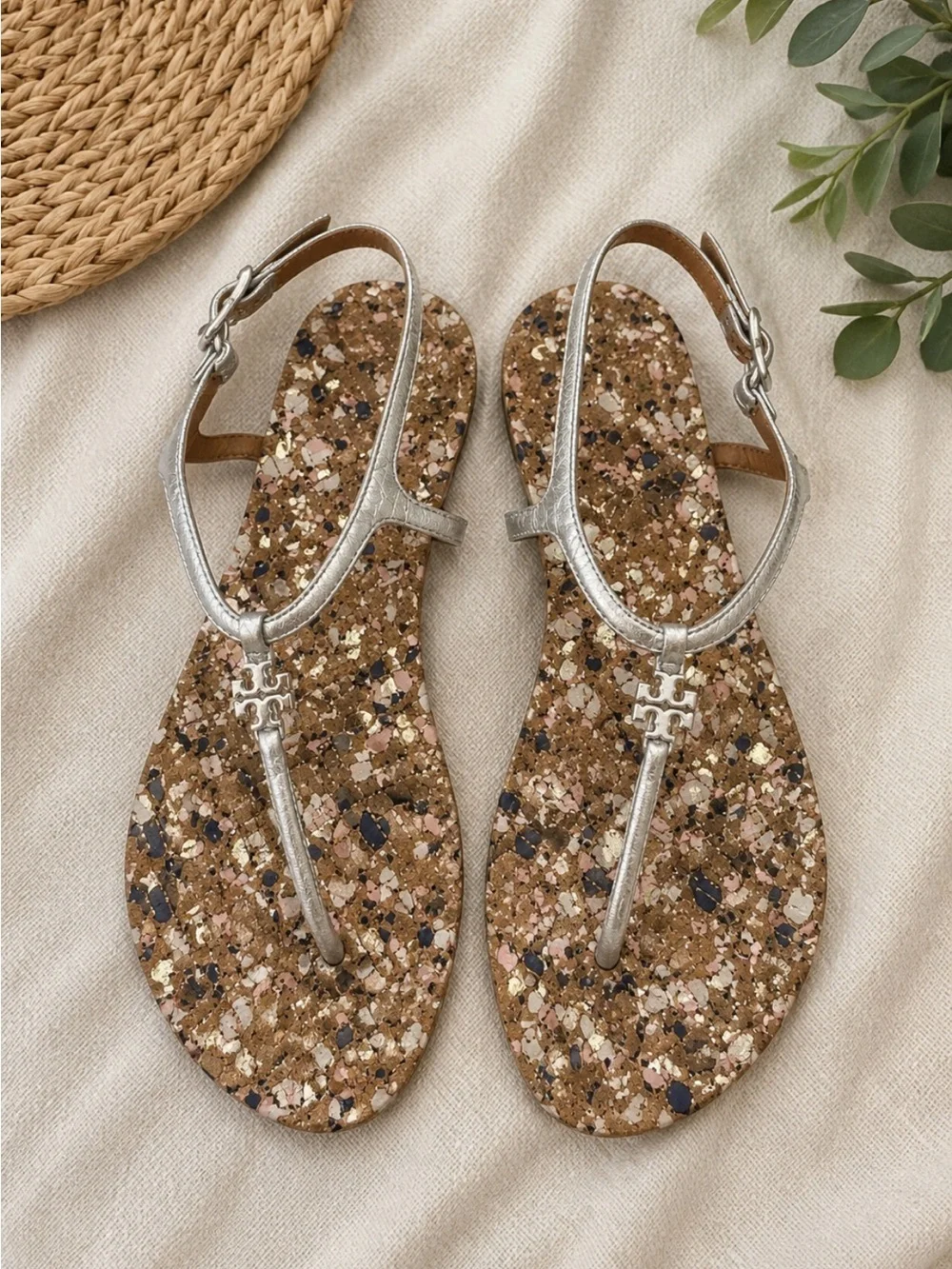 Tory Burch Metallic Silver Miller Cork Sandals Size 9.5